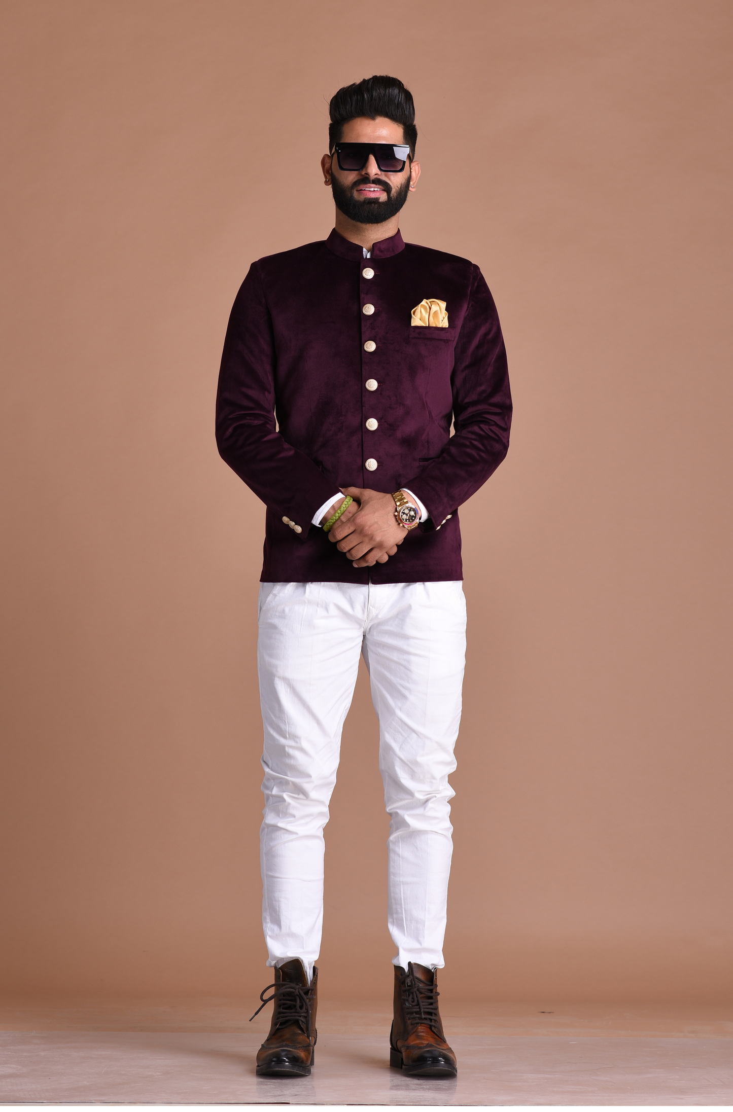 Mulberry Jodhpuri Bandhgala Blazer With White Trouser