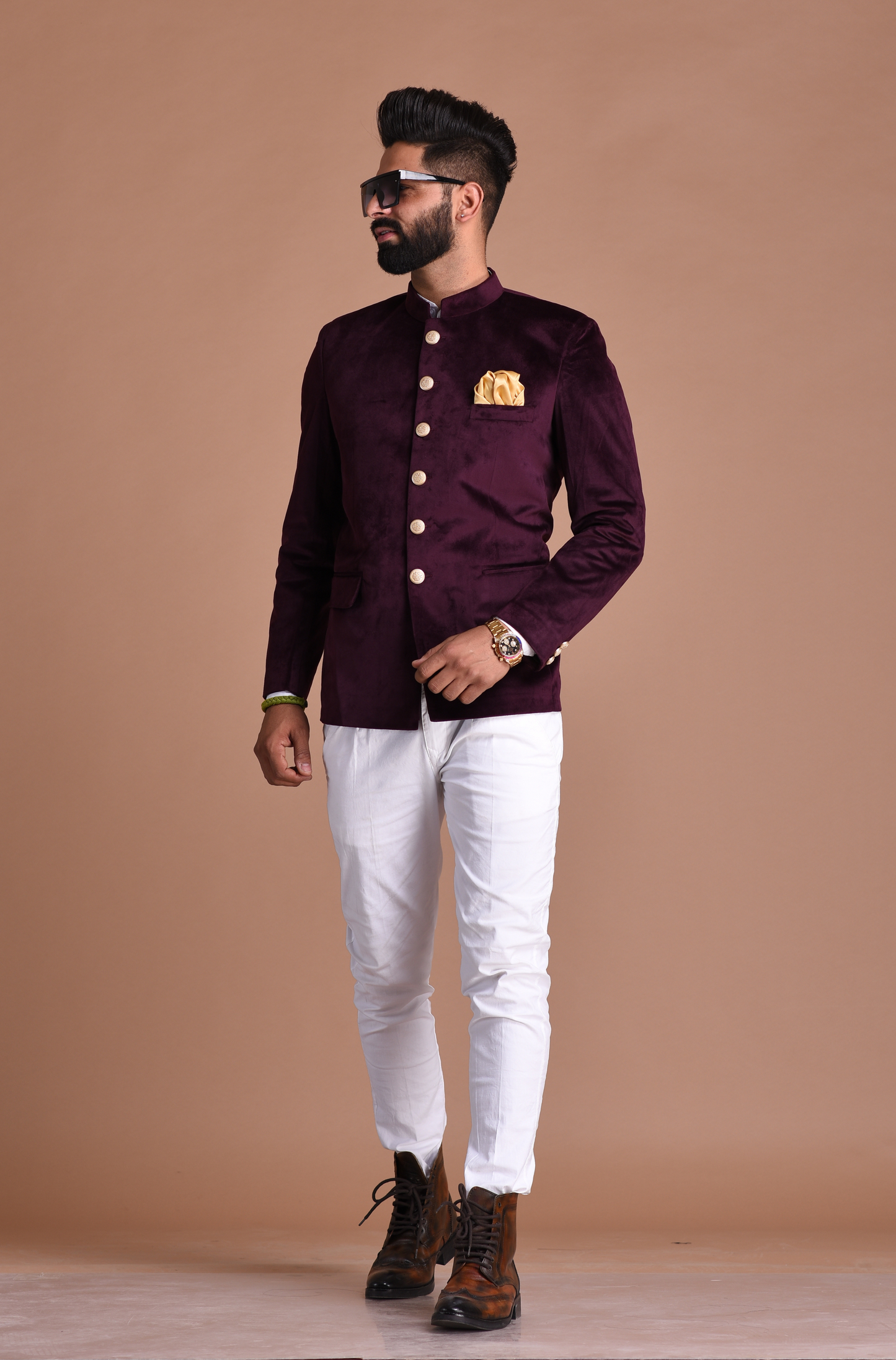 Mulberry Jodhpuri Bandhgala Blazer With White Trouser