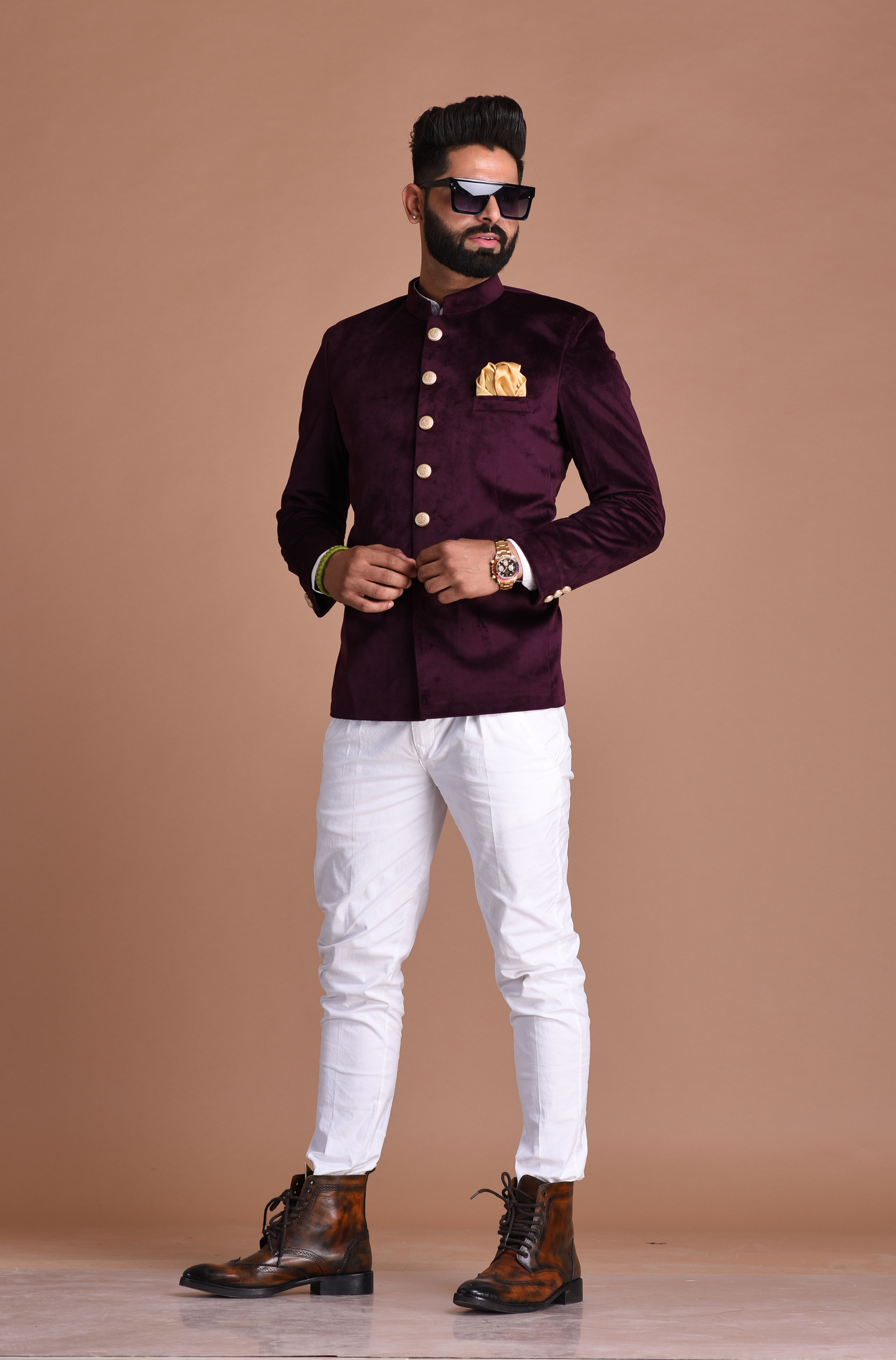 Mulberry Jodhpuri Bandhgala Blazer With White Trouser