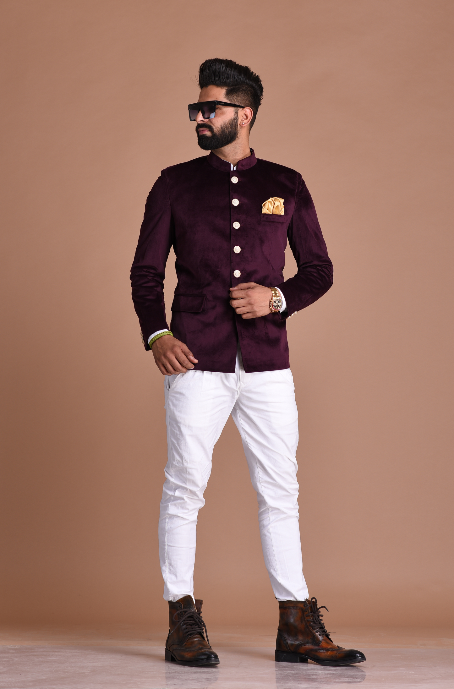 Mulberry Jodhpuri Bandhgala Blazer With White Trouser