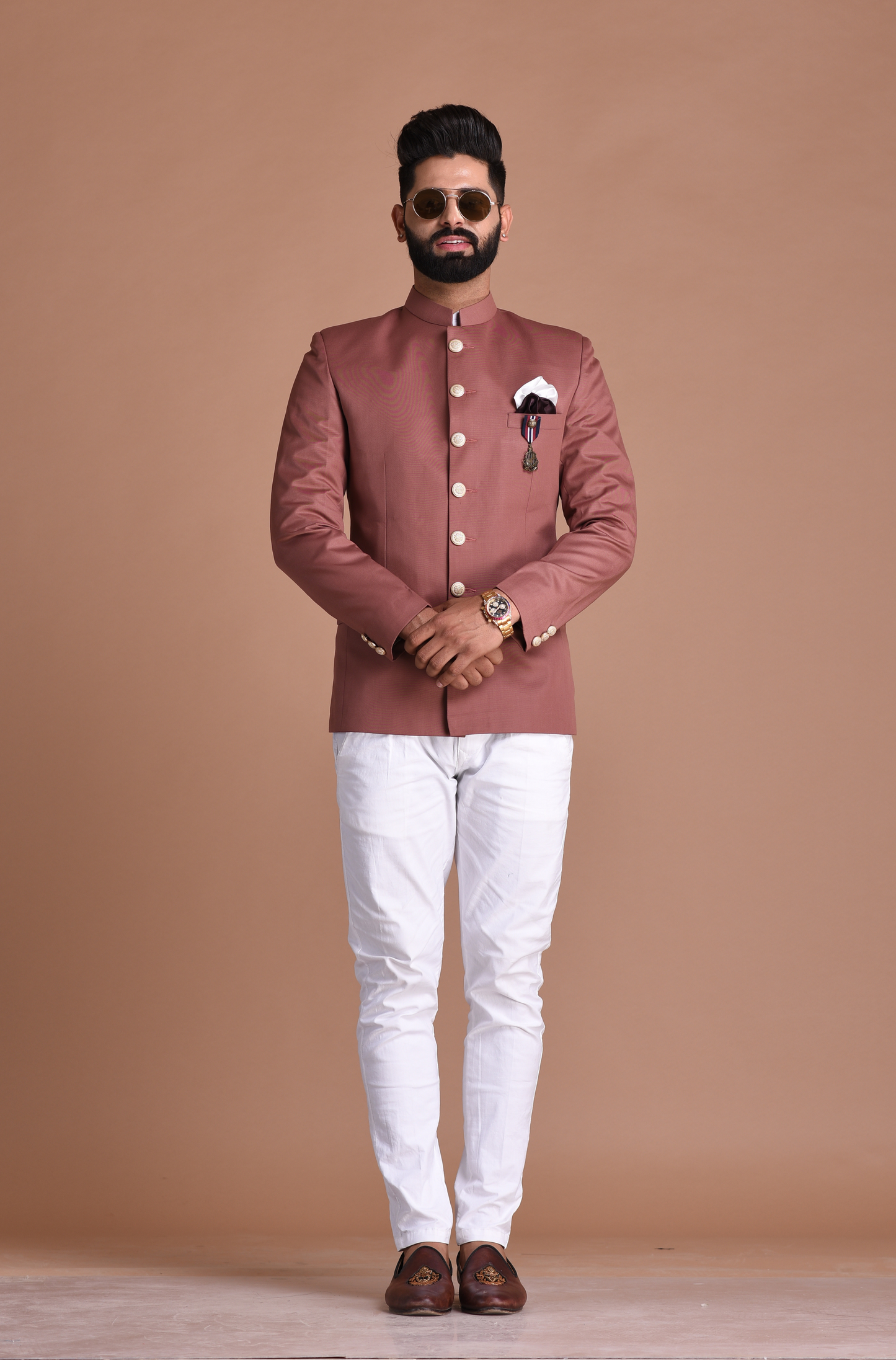 Rosewood Bandhgala Jodhpuri Designer Blazer With White Trouser