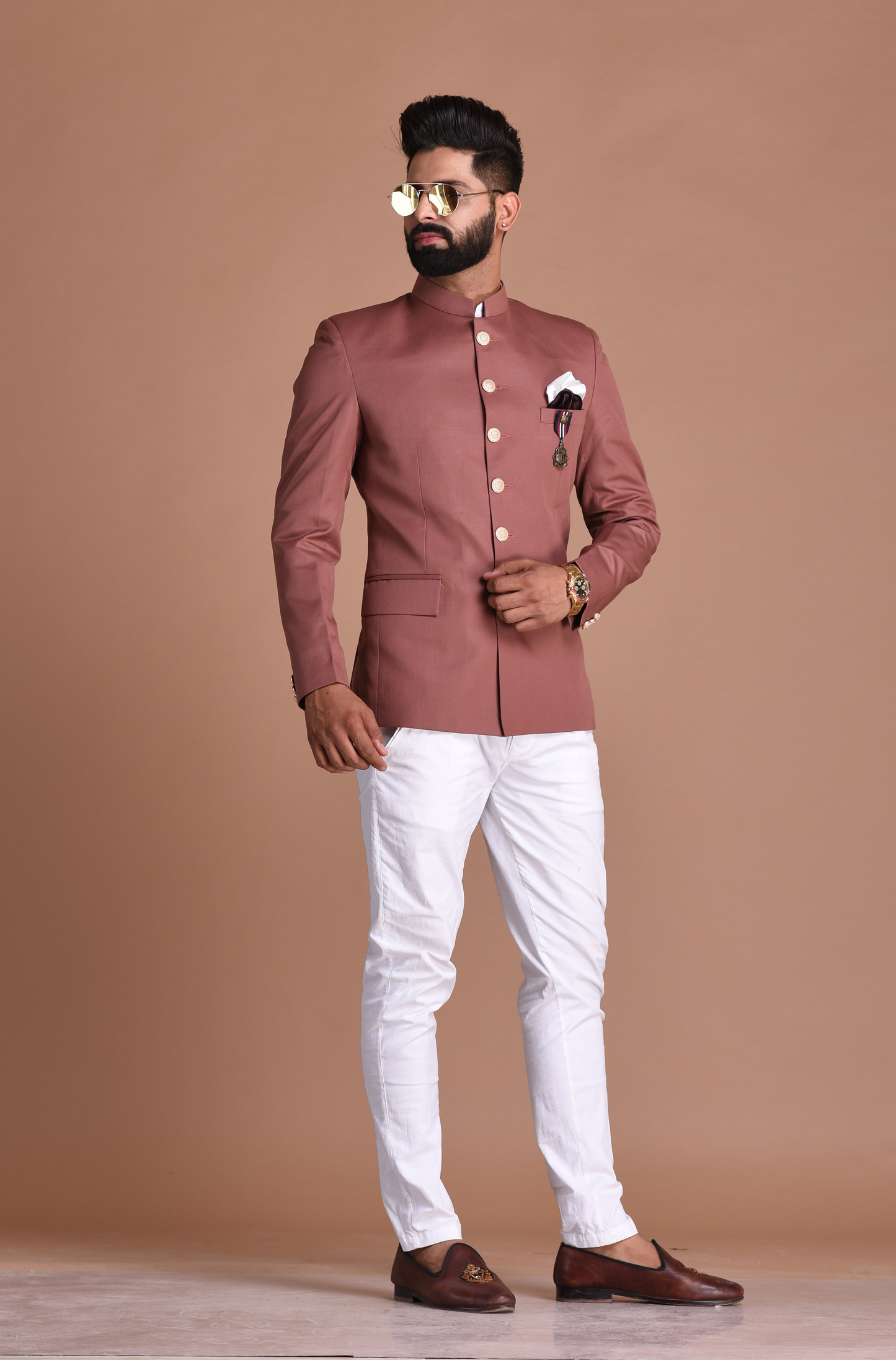 Rosewood Bandhgala Jodhpuri Designer Blazer With White Trouser