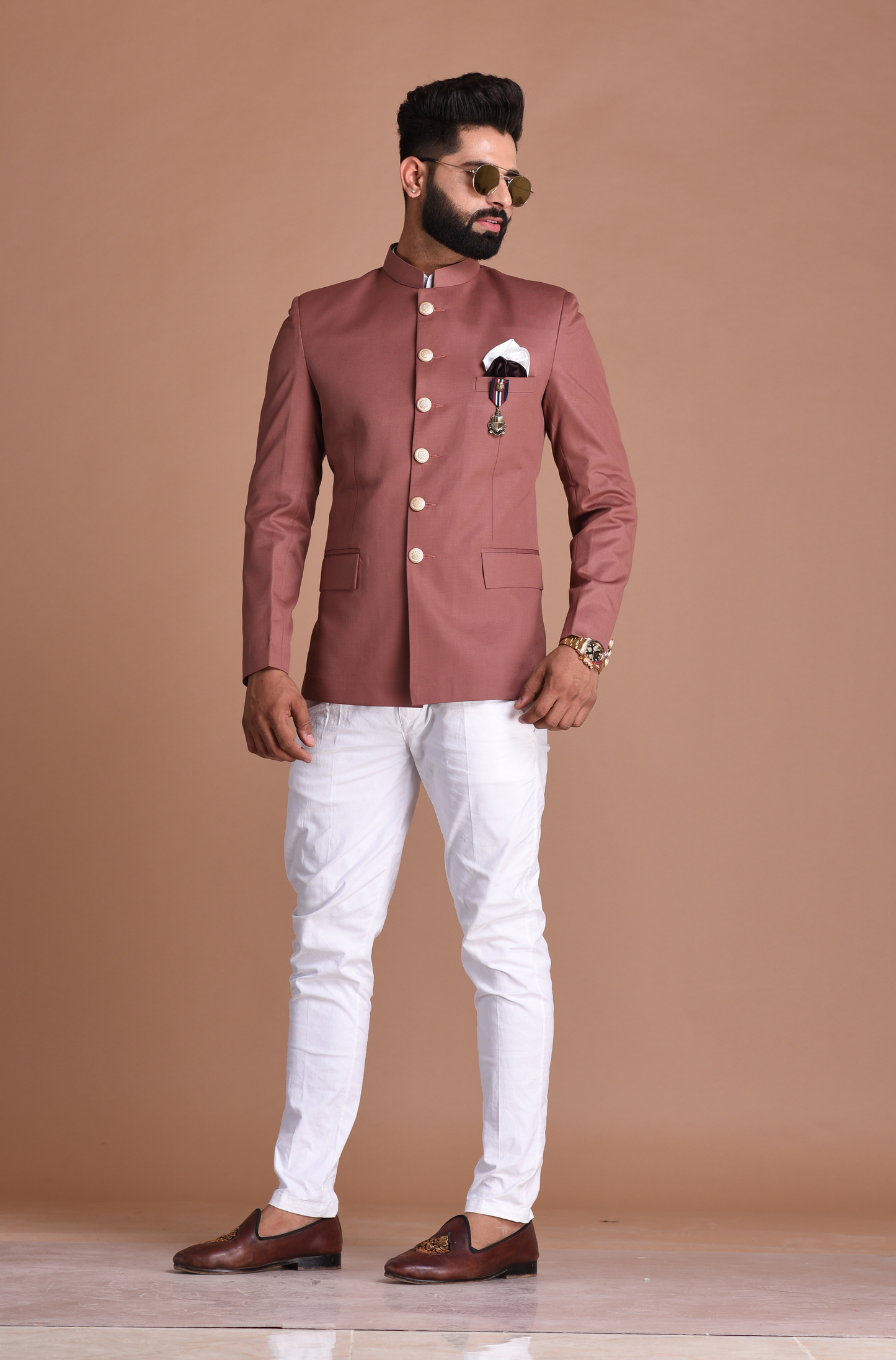 Rosewood Bandhgala Jodhpuri Designer Blazer With White Trouser