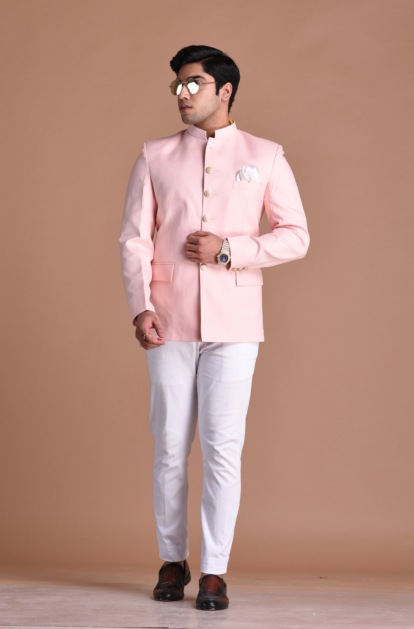 Light Pink Bandhgala Jodhpuri Designer Blazer With White Trouser