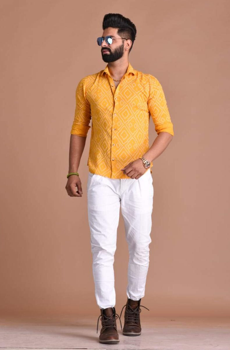 Yellow Bandhej Sanganeri Printed Shirt