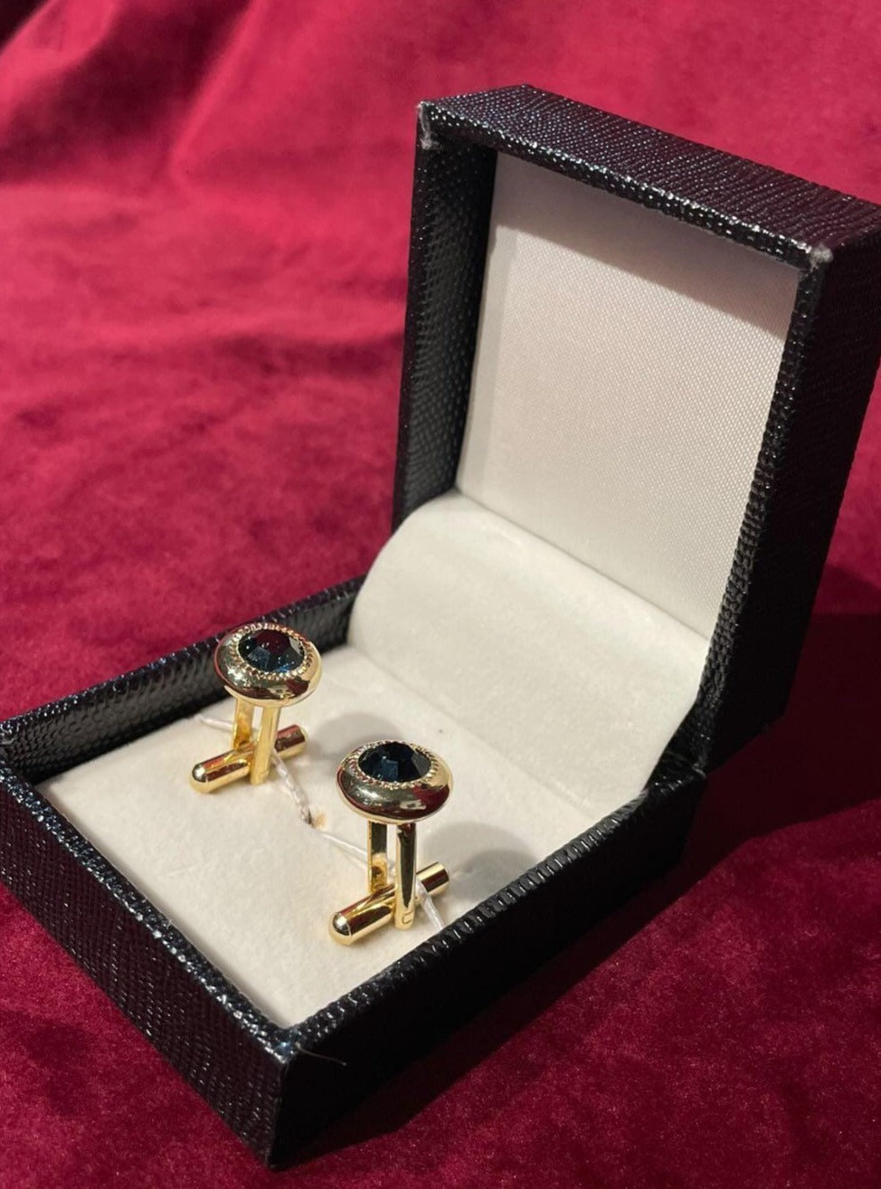 Round Golden Cufflink With Blue Stone