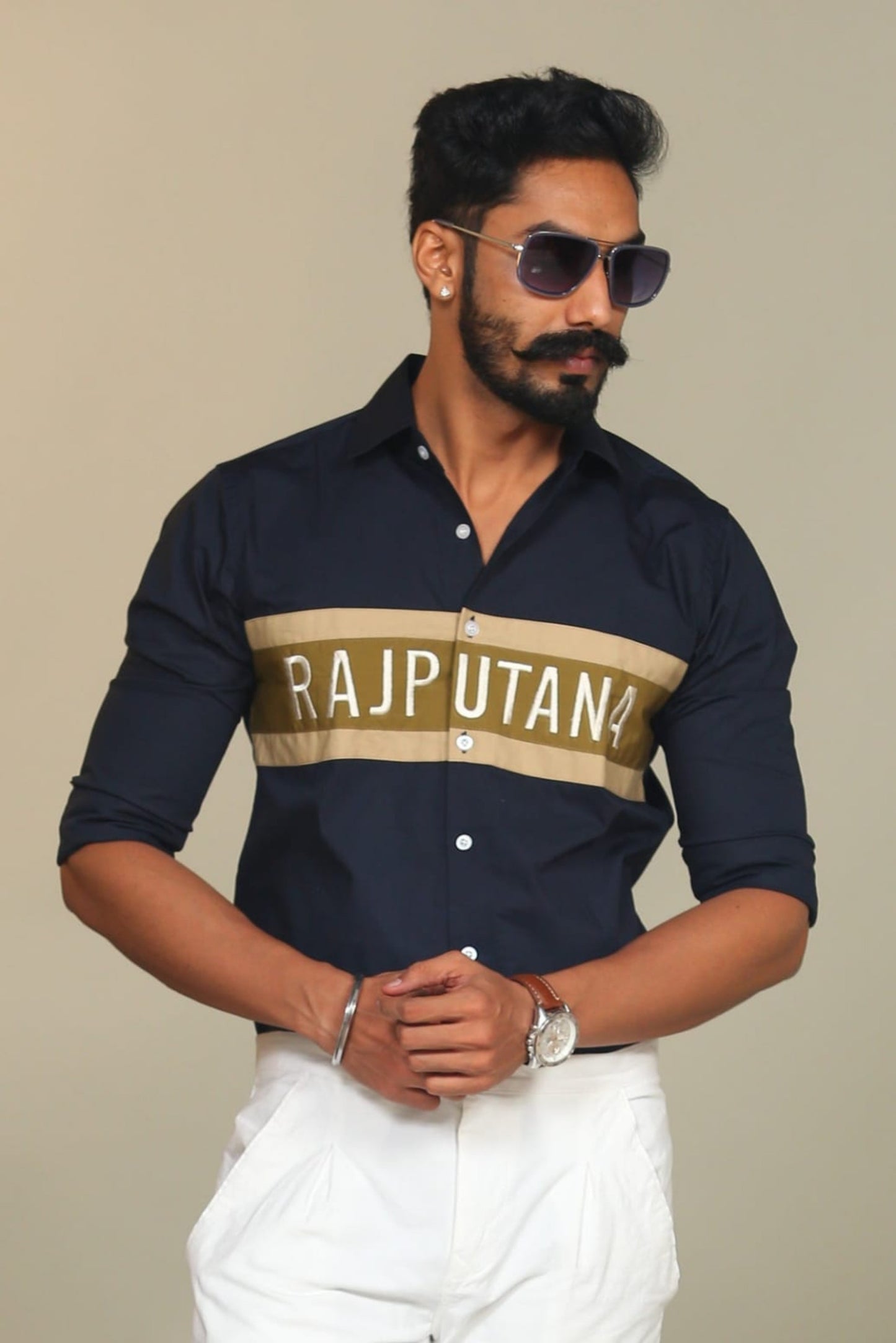 Golden Edition Embroidered Style Navy Blue Rajputana Shirt