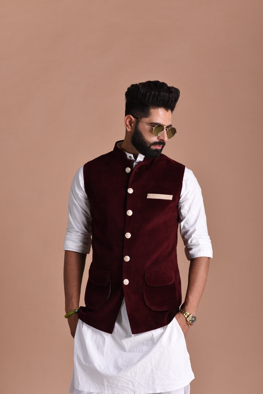 Handmade Elegant Maroon Velvet Nehru Modi Jacket with Kurta Pajama Set