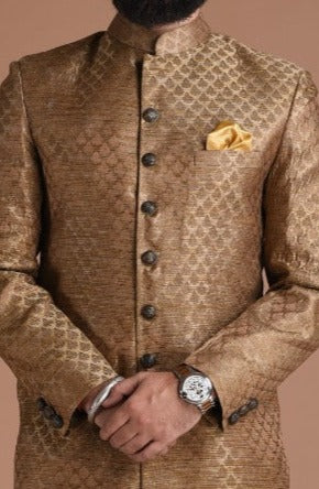 Brown Royal Leaf Pattern Brocade Silk Sherwani