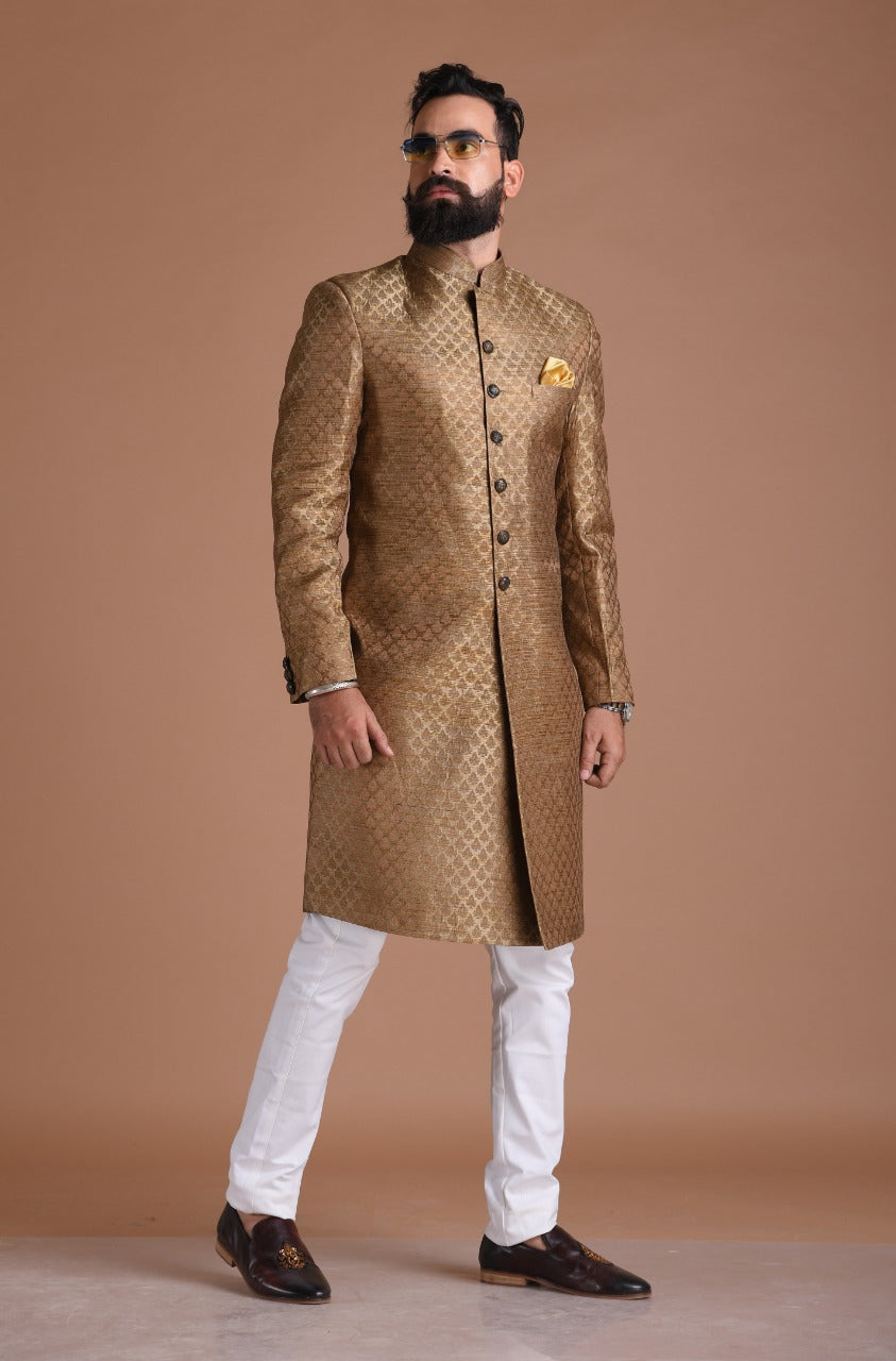 Brown Royal Leaf Pattern Brocade Silk Sherwani