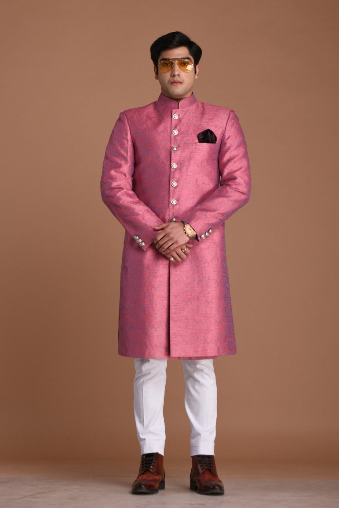 Candy Purple Floral Pattern Brocade Banarasi Silk Sherwani