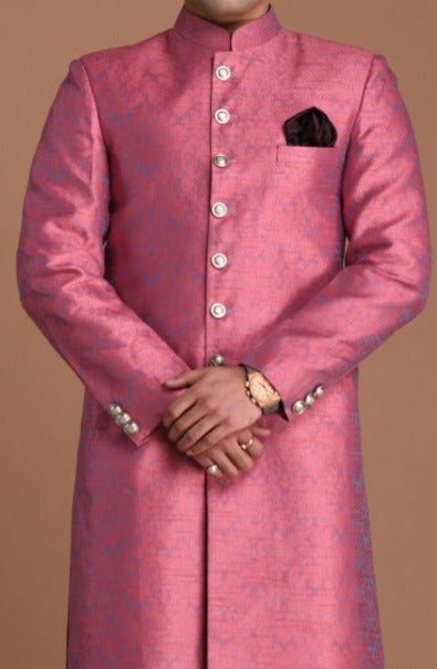 Candy Purple Floral Pattern Brocade Banarasi Silk Sherwani