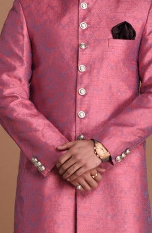 Candy Purple Floral Pattern Brocade Banarasi Silk Sherwani