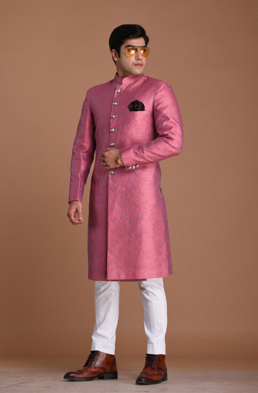 Candy Purple Floral Pattern Brocade Banarasi Silk Sherwani