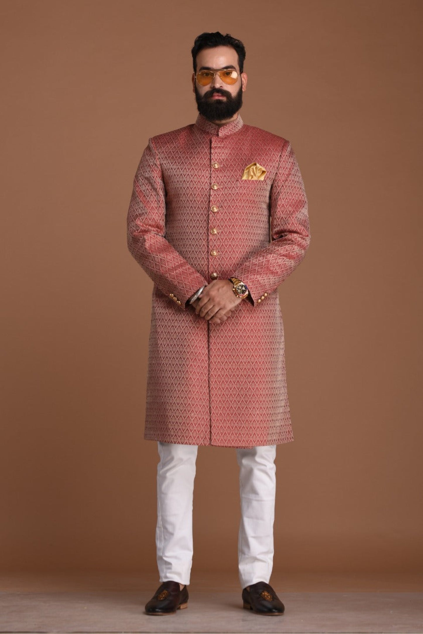 Dark Red Leaf Pattern Handloom Brocade Silk Sherwani