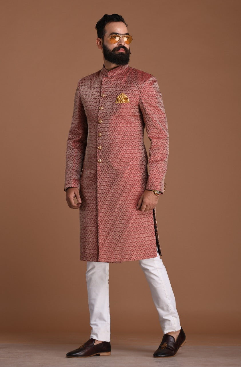 Dark Red Leaf Pattern Handloom Brocade Silk Sherwani
