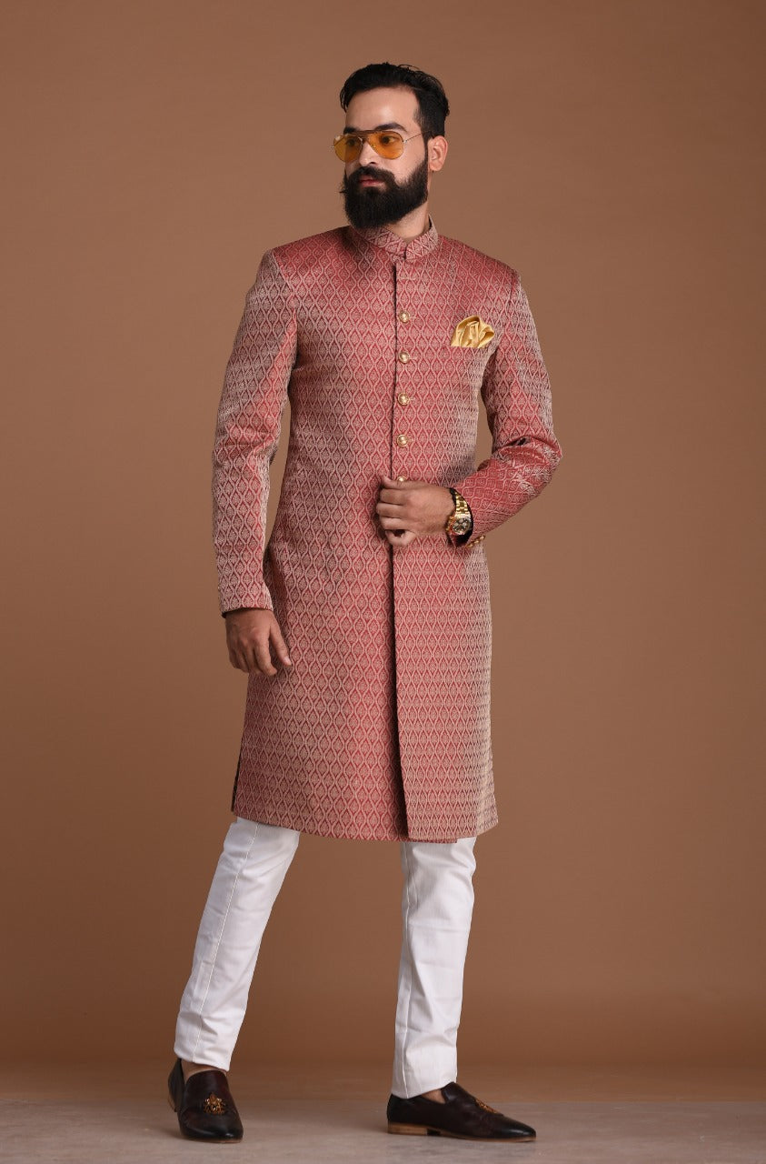 Dark Red Leaf Pattern Handloom Brocade Silk Sherwani