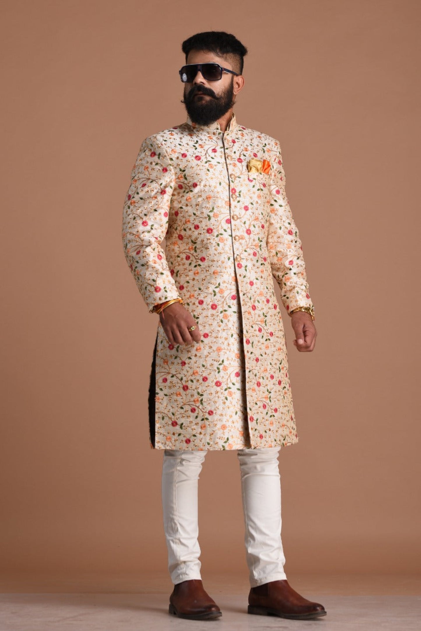 Exclusive Cream Color Floral Pattern Heavy Embroidered sherwani