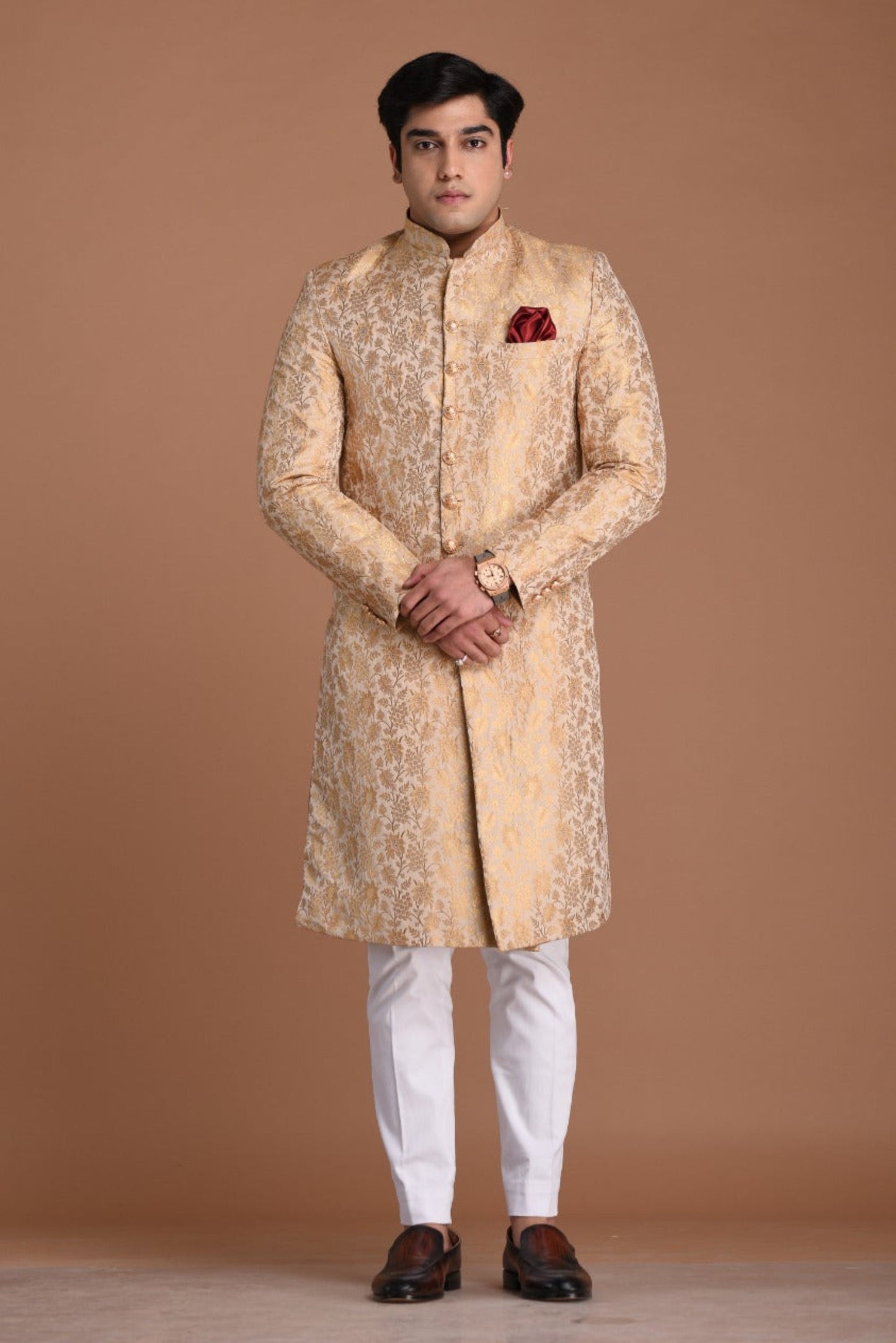 Golden Cream Color Royal Banarasi Silk Sherwani
