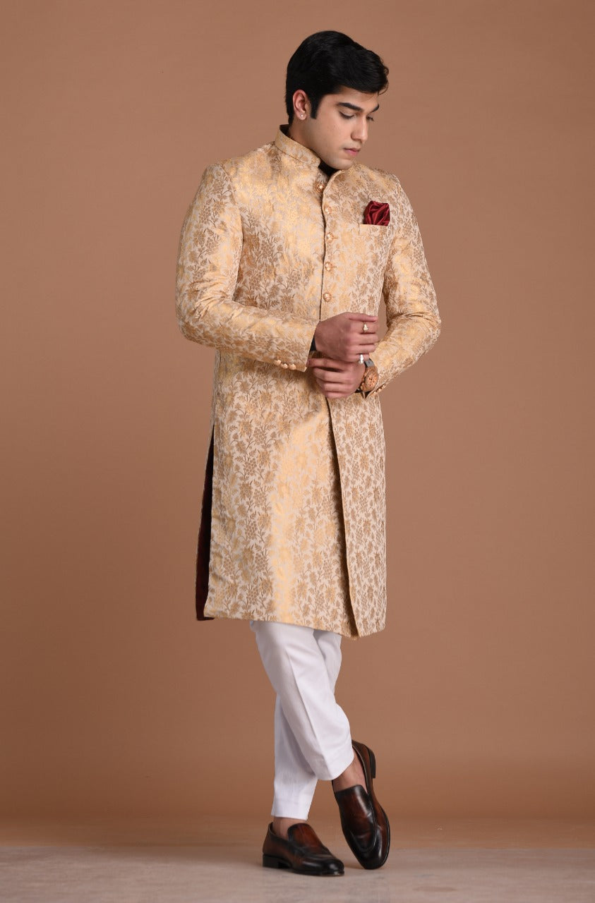 Golden Cream Color Royal Banarasi Silk Sherwani