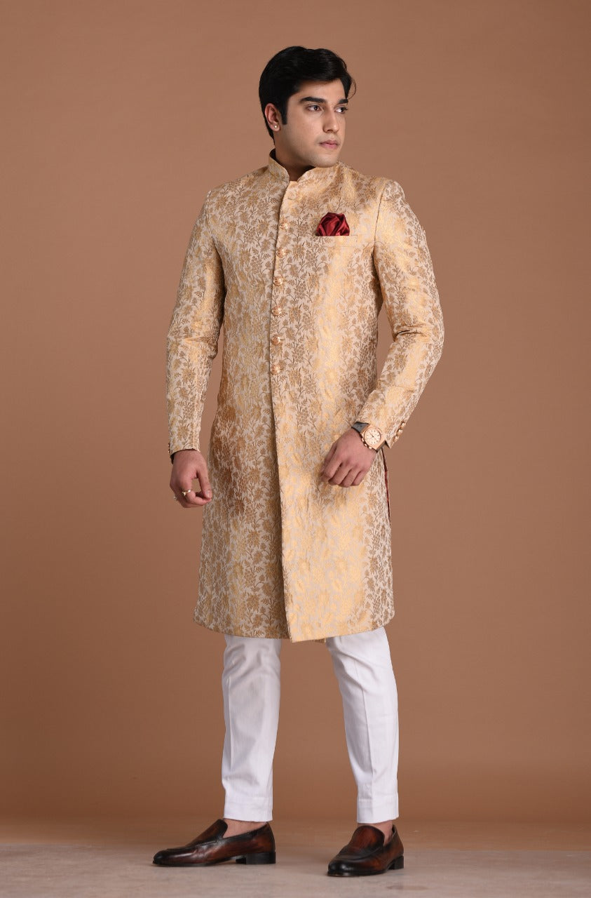 Golden Cream Color Royal Banarasi Silk Sherwani