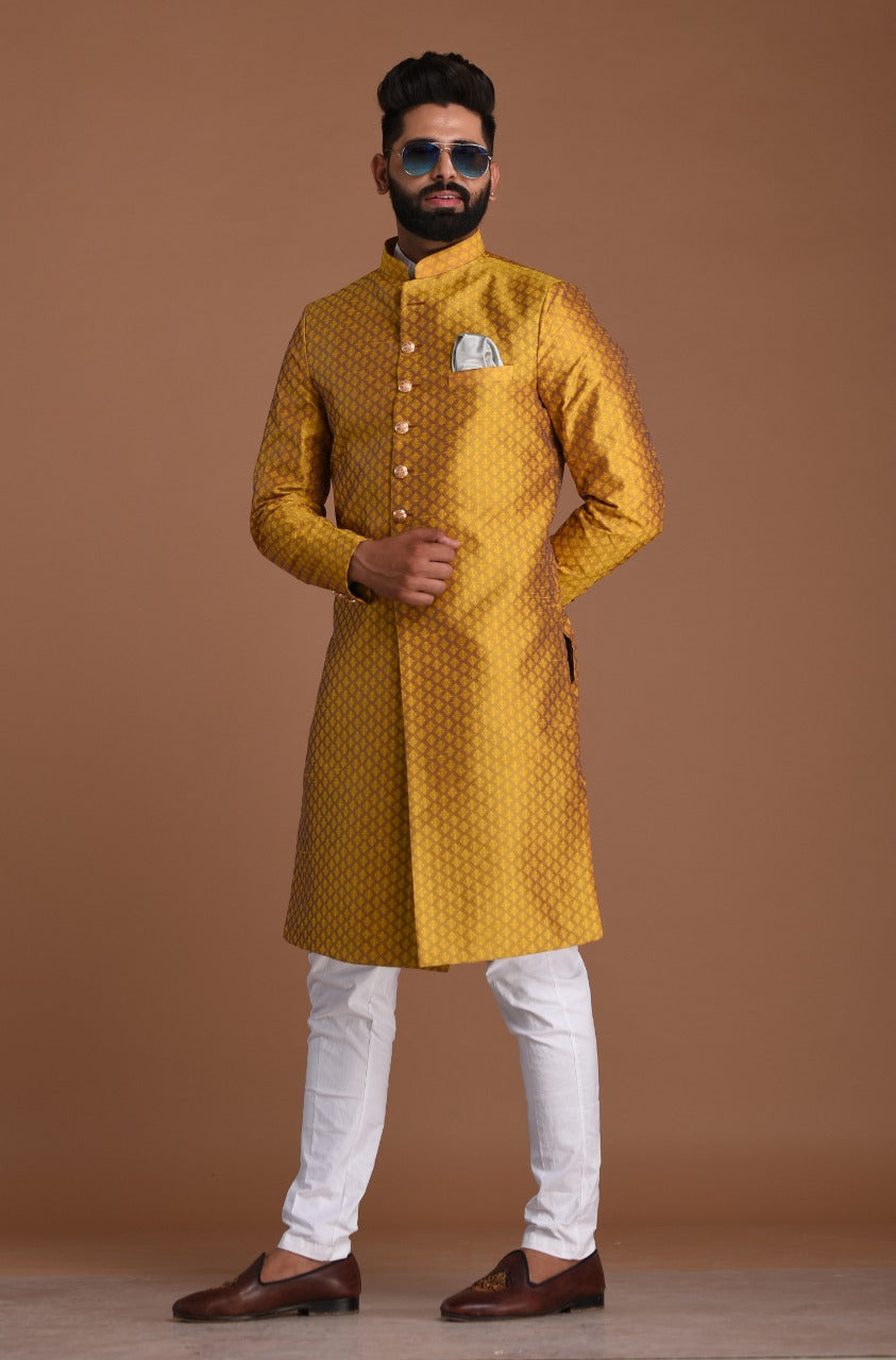 Golden Diamond Shape Maharaja Style Brocade Silk Sherwani