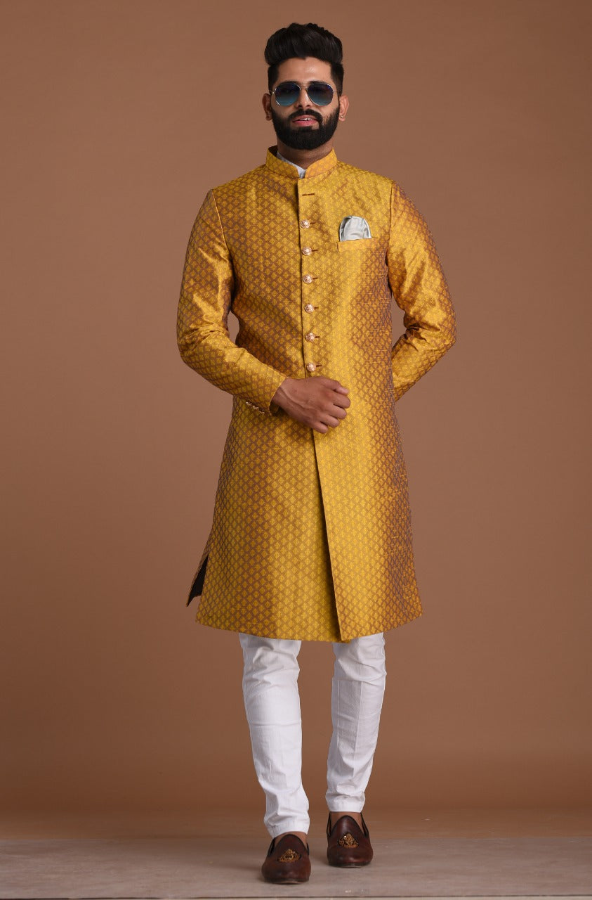 Golden Diamond Shape Maharaja Style Brocade Silk Sherwani