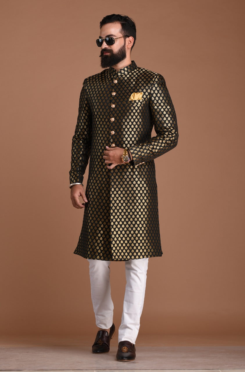 Royal Golden-Black Booti Pattern Sherwani