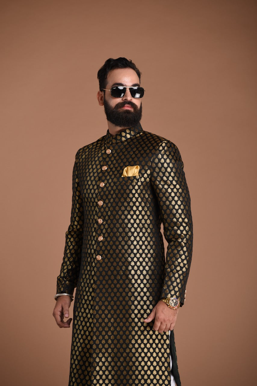 Royal Golden-Black Booti Pattern Sherwani