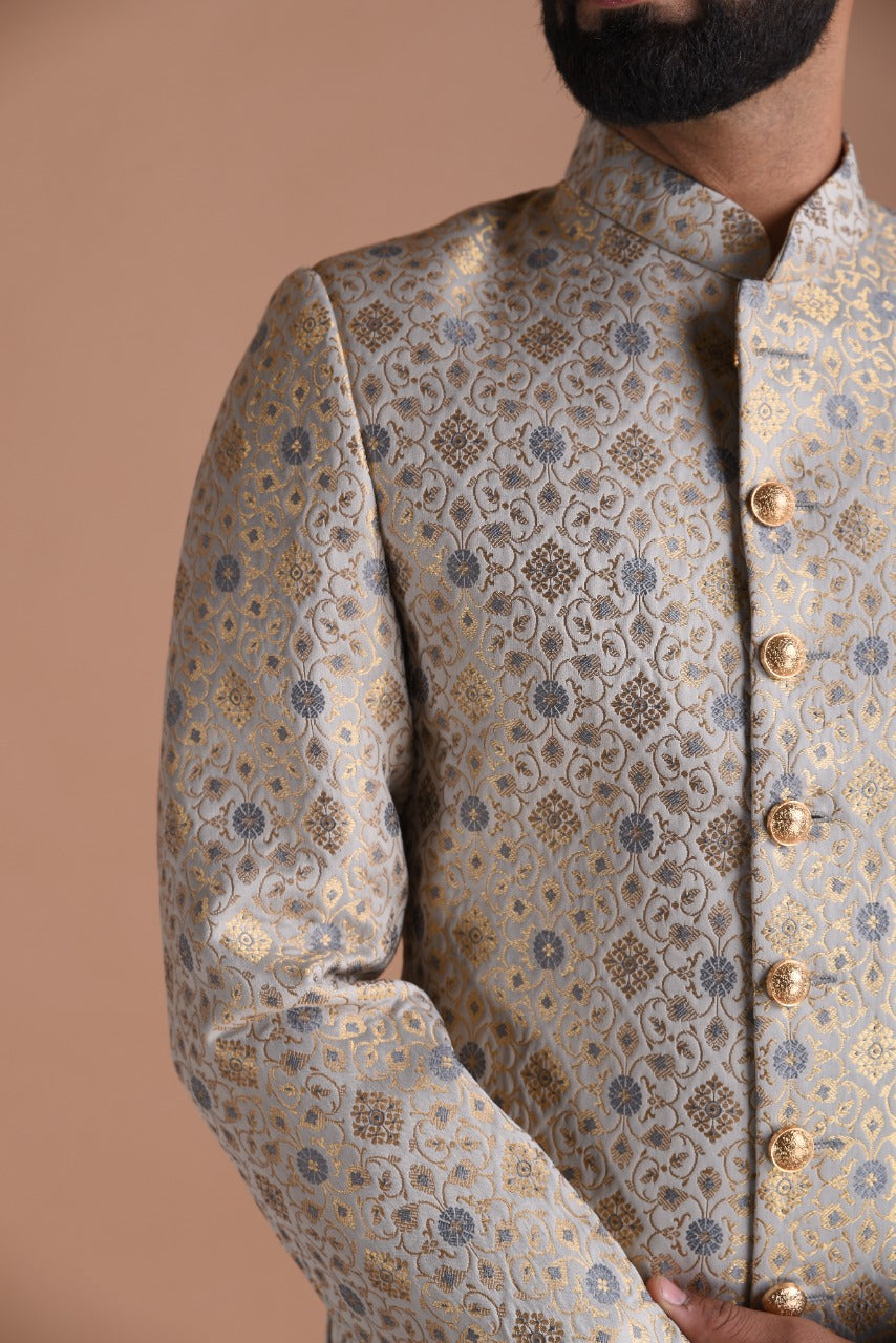 Golden Grey Royal Floral Pattern Banarasi Kim-Khab Sherwani