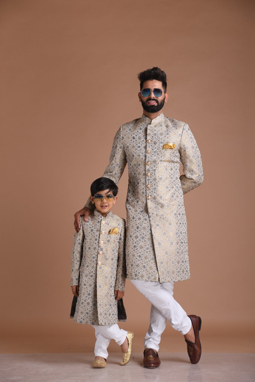 Golden Grey Royal Floral Pattern Banarasi Kim-Khab Sherwani
