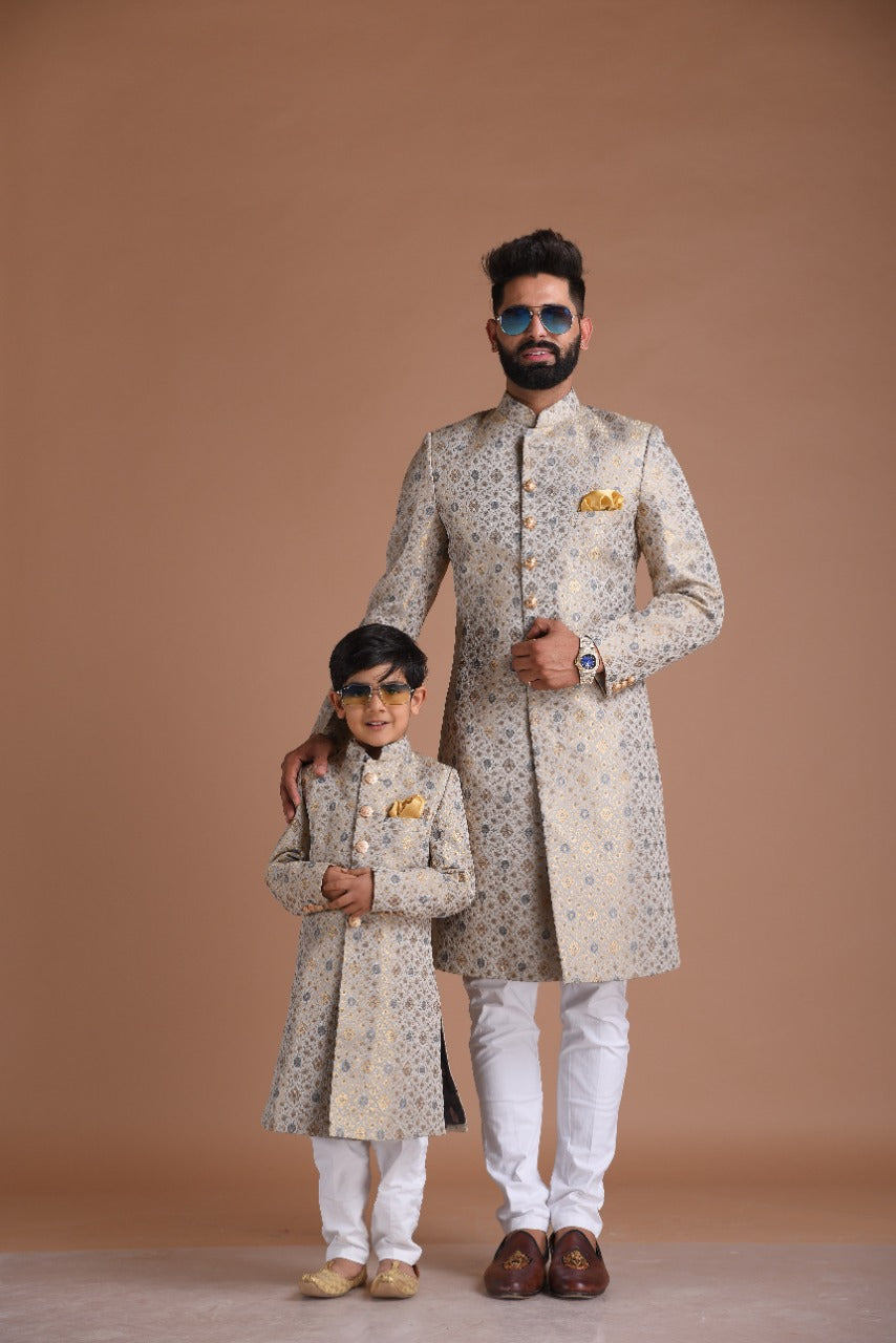 Golden Grey Royal Floral Pattern Banarasi Kim-Khab Sherwani