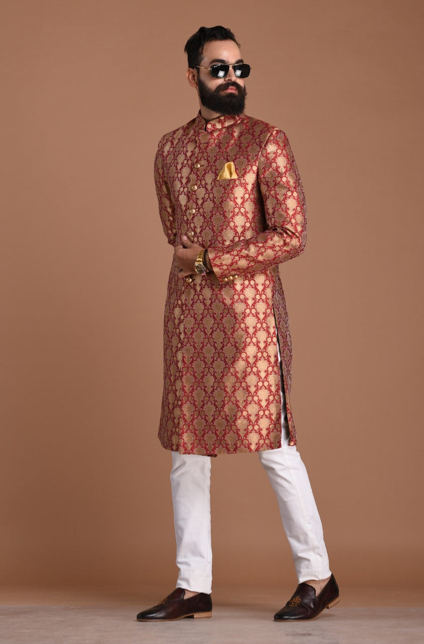 Golden Red Maharaja Style Banarasi Brocade Silk Sherwani
