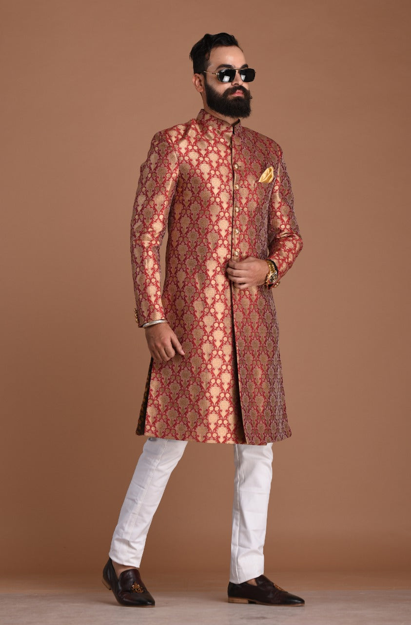 Golden Red Maharaja Style Banarasi Brocade Silk Sherwani