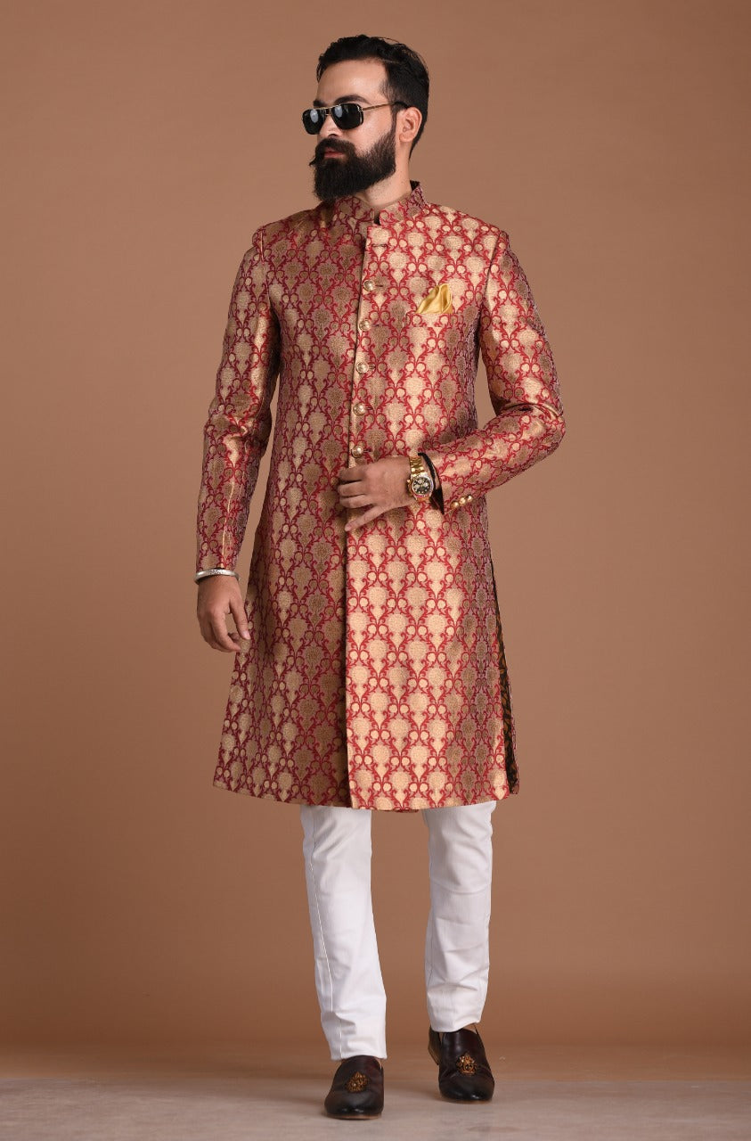 Golden Red Maharaja Style Banarasi Brocade Silk Sherwani