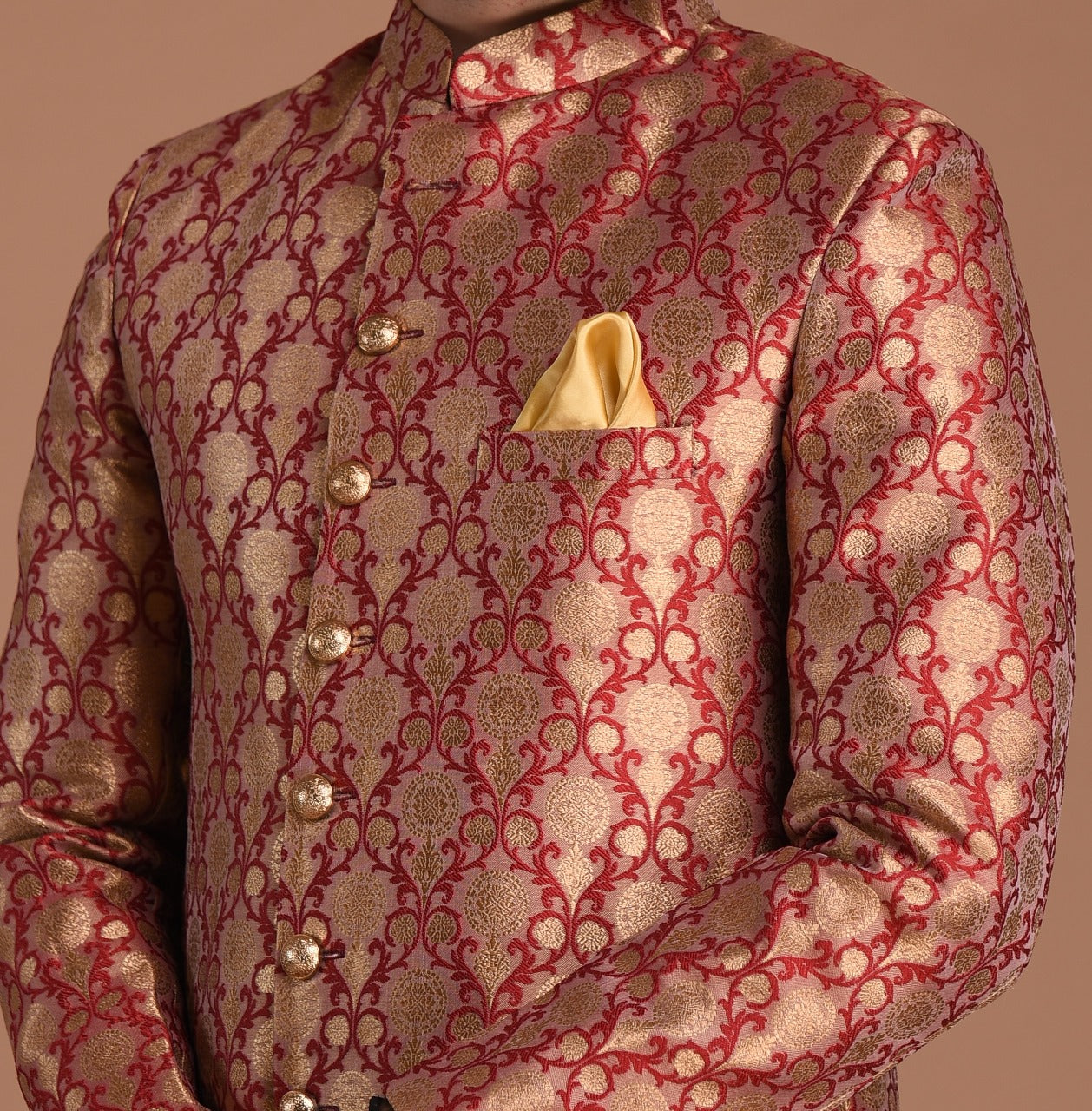 Golden Red Maharaja Style Banarasi Brocade Silk Sherwani