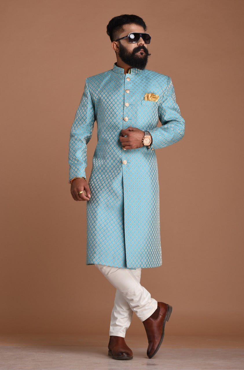 Handmade Royal Cyan Blue Brocade Silk Achkan