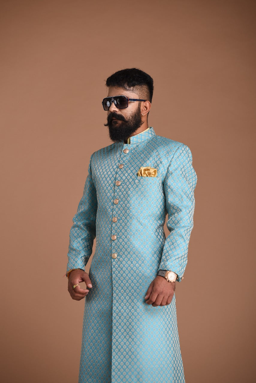 Handmade Royal Cyan Blue Brocade Silk Achkan
