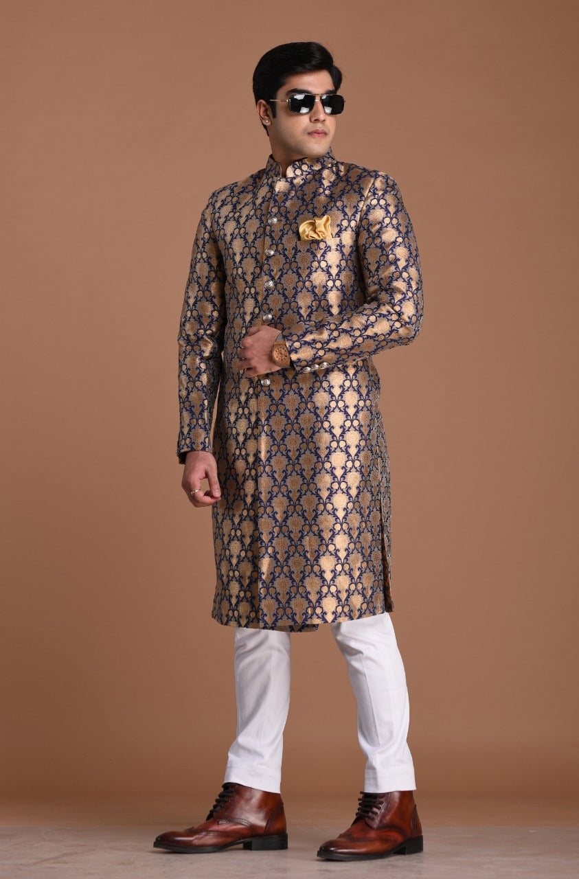 Handmade Navy Blue and Golden Brocade Silk Achkan