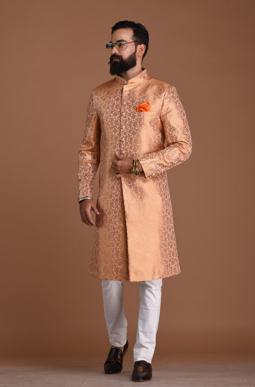 Royal Banarasi Brocade Floral Pattern Melon Color Sherwani