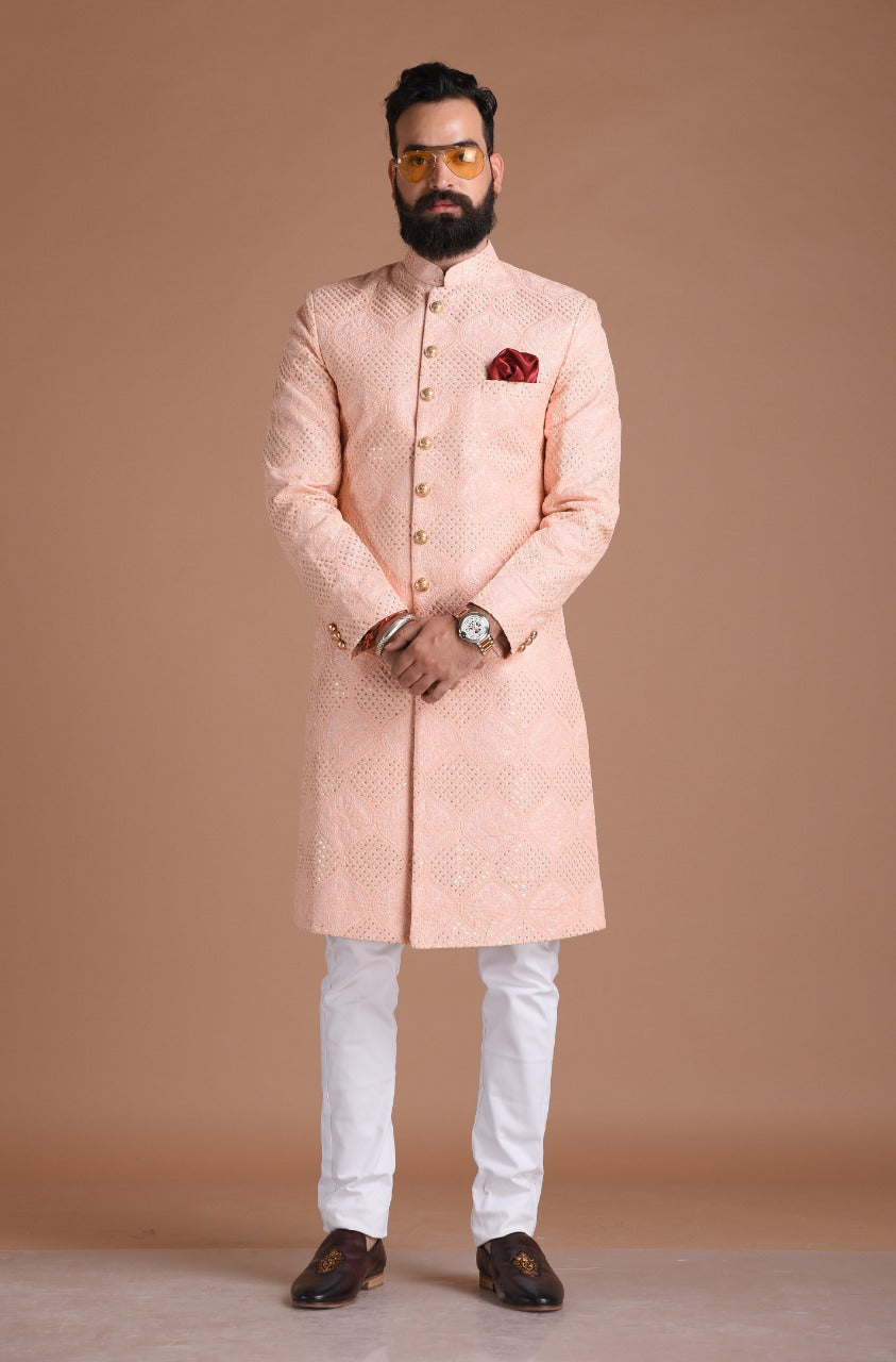 Handmade Traditional Chikankari with Sequin Work | Pink Color | Sherwani