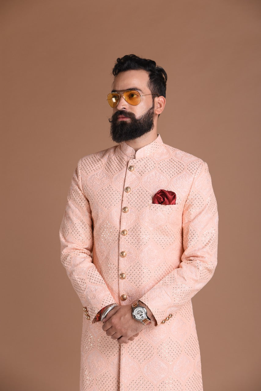 Handmade Traditional Chikankari with Sequin Work | Pink Color | Sherwani