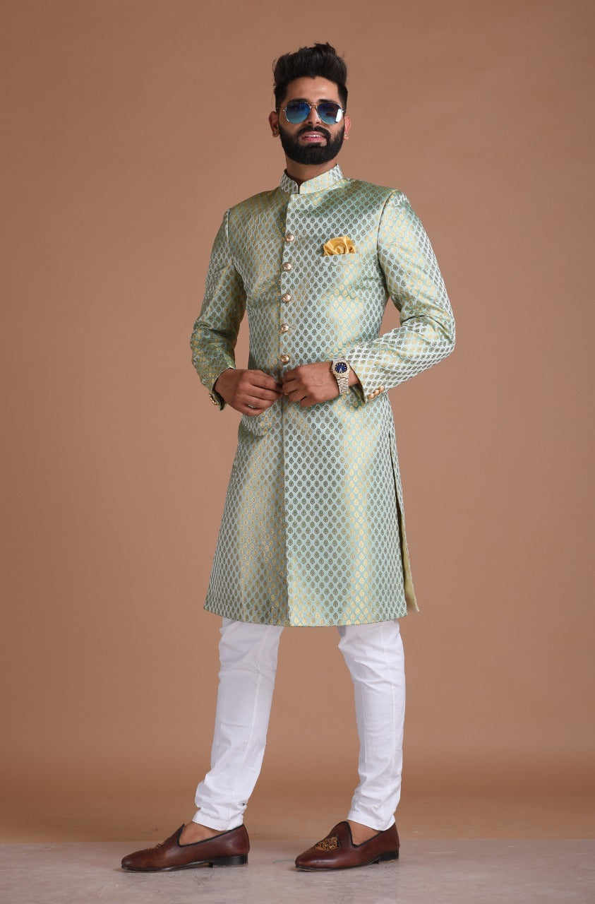 KimKhab Brocade Silk | Vibrant Green and Golden | Royal Achkan