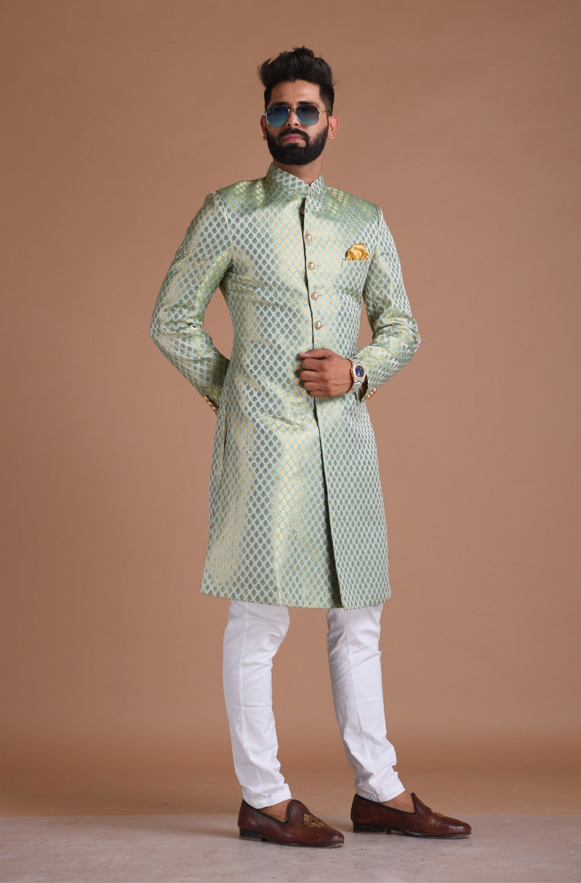 KimKhab Brocade Silk | Vibrant Green and Golden | Royal Achkan