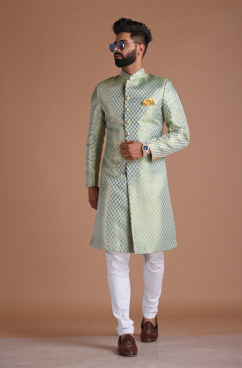 KimKhab Brocade Silk | Vibrant Green and Golden | Royal Achkan