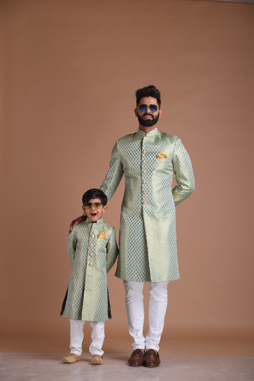 KimKhab Brocade Silk | Vibrant Green and Golden | Royal Achkan
