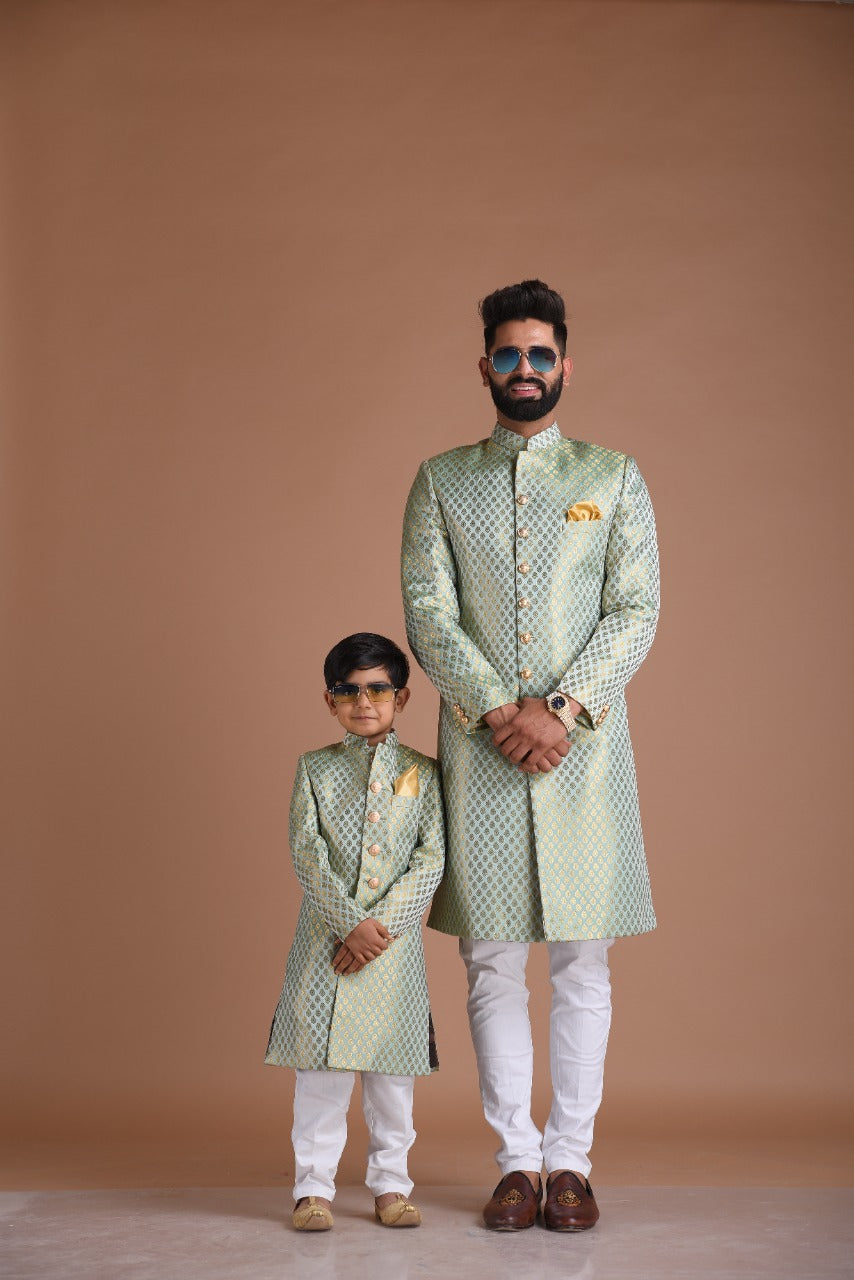 KimKhab Brocade Silk | Vibrant Green and Golden | Royal Achkan