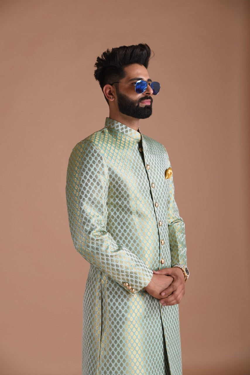 KimKhab Brocade Silk | Vibrant Green and Golden | Royal Achkan