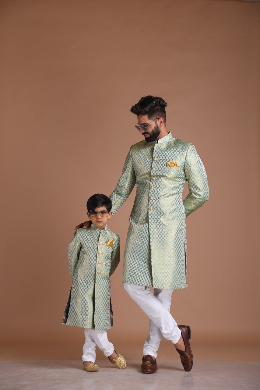 KimKhab Brocade Silk | Vibrant Green and Golden | Royal Achkan