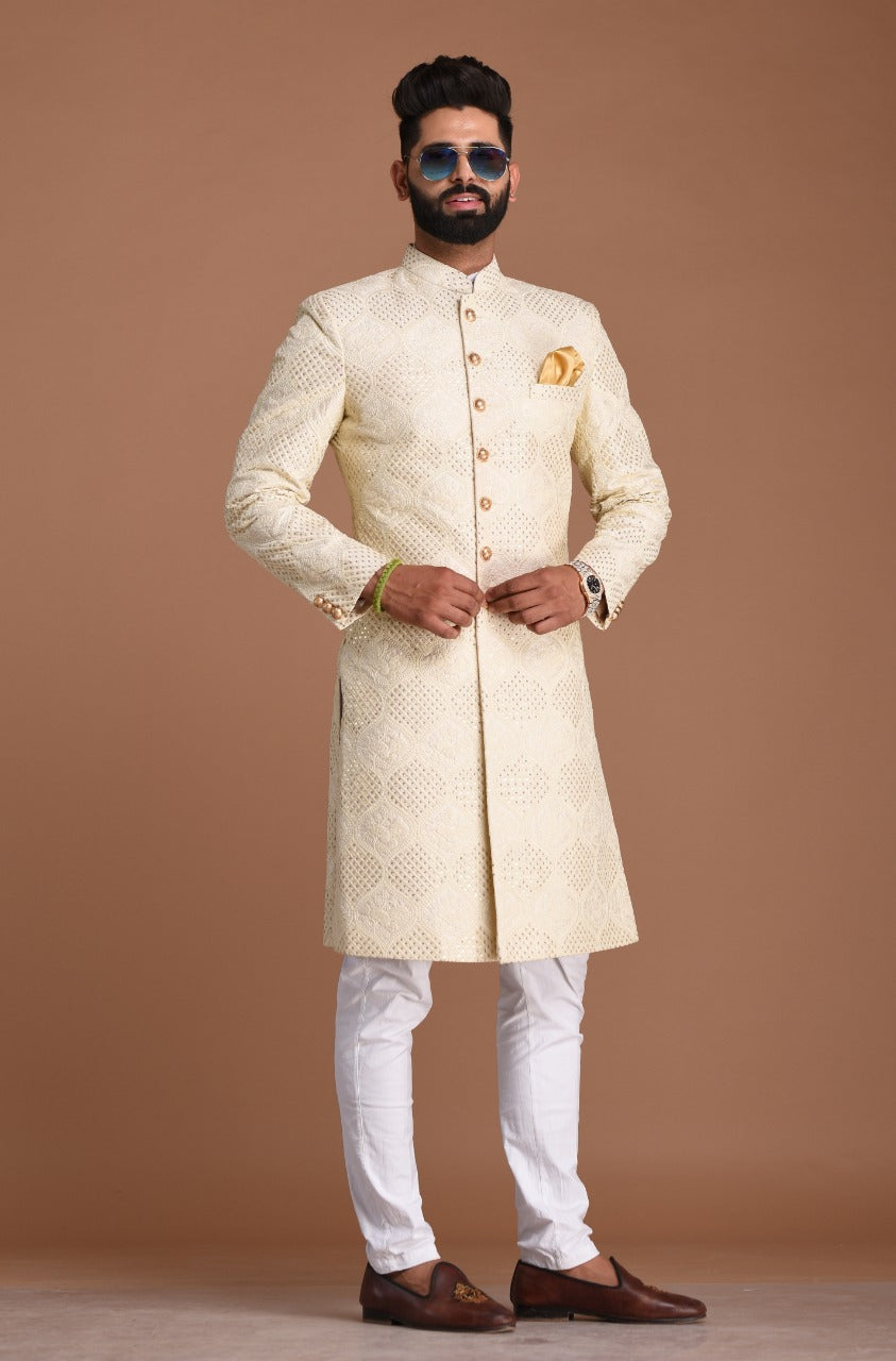 Lucknowi Chikankari With Sequin Work | Pearl White Color | Maharaja Style Sherwani